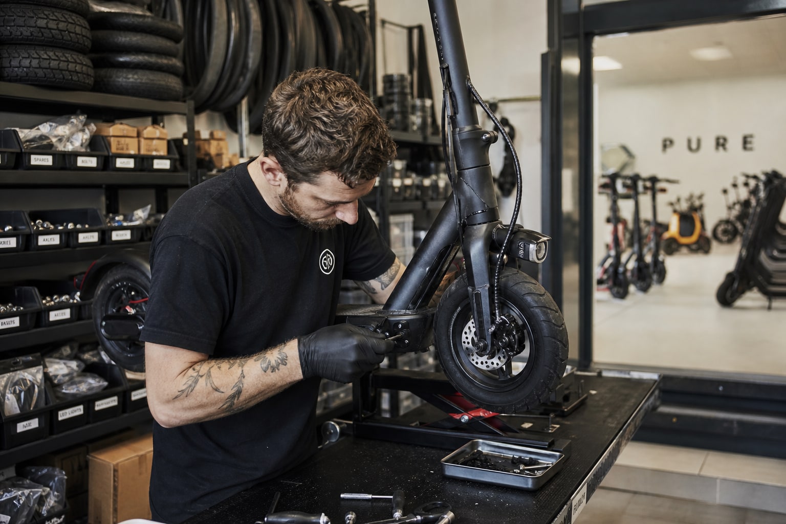 Technician aligning an electric scooter brake inside an on-site workshop