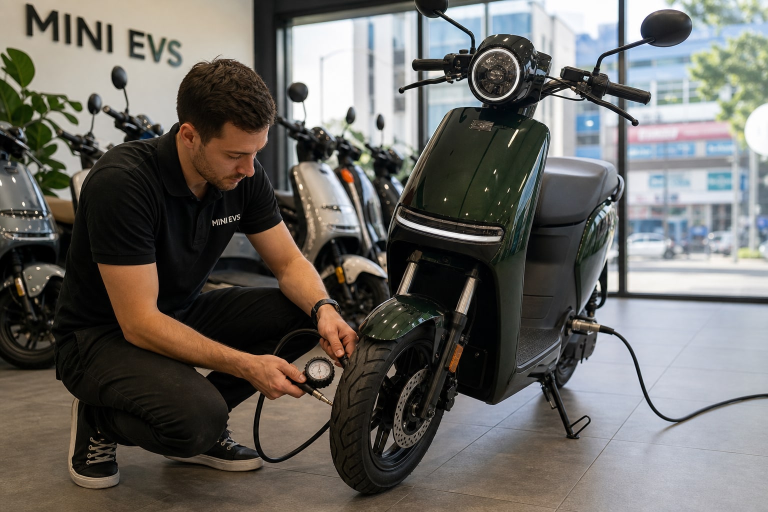 Staff member prepares a charged electric scooter inside the showroom