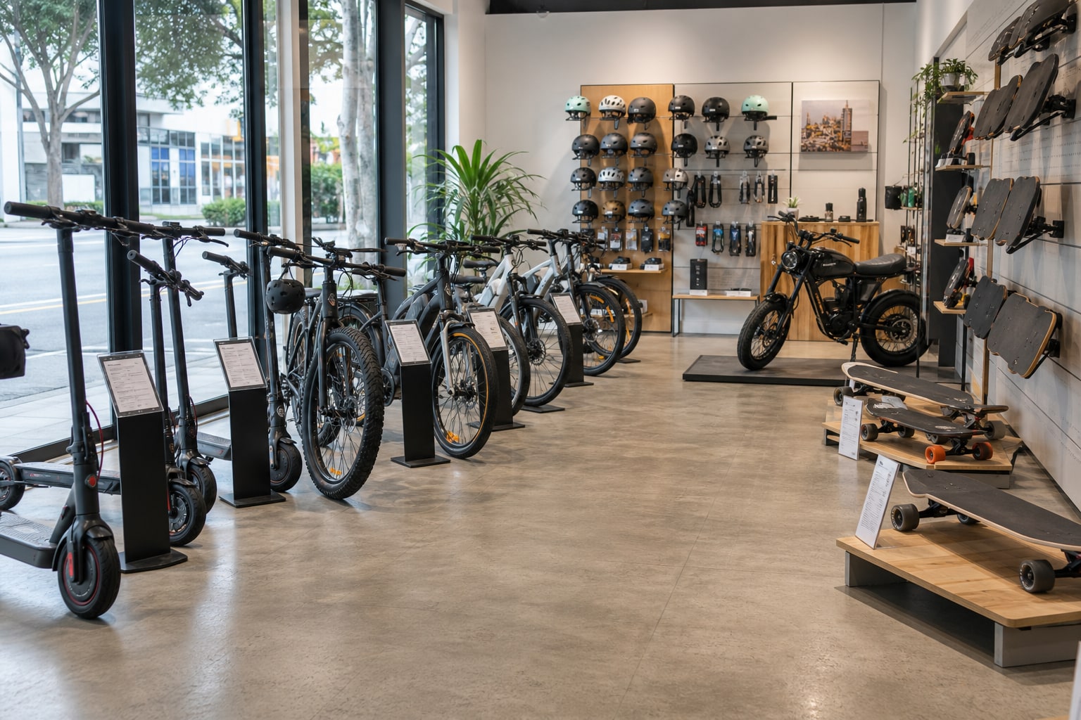Electric scooters, bikes, skateboards and motorcycle displayed in a showroom